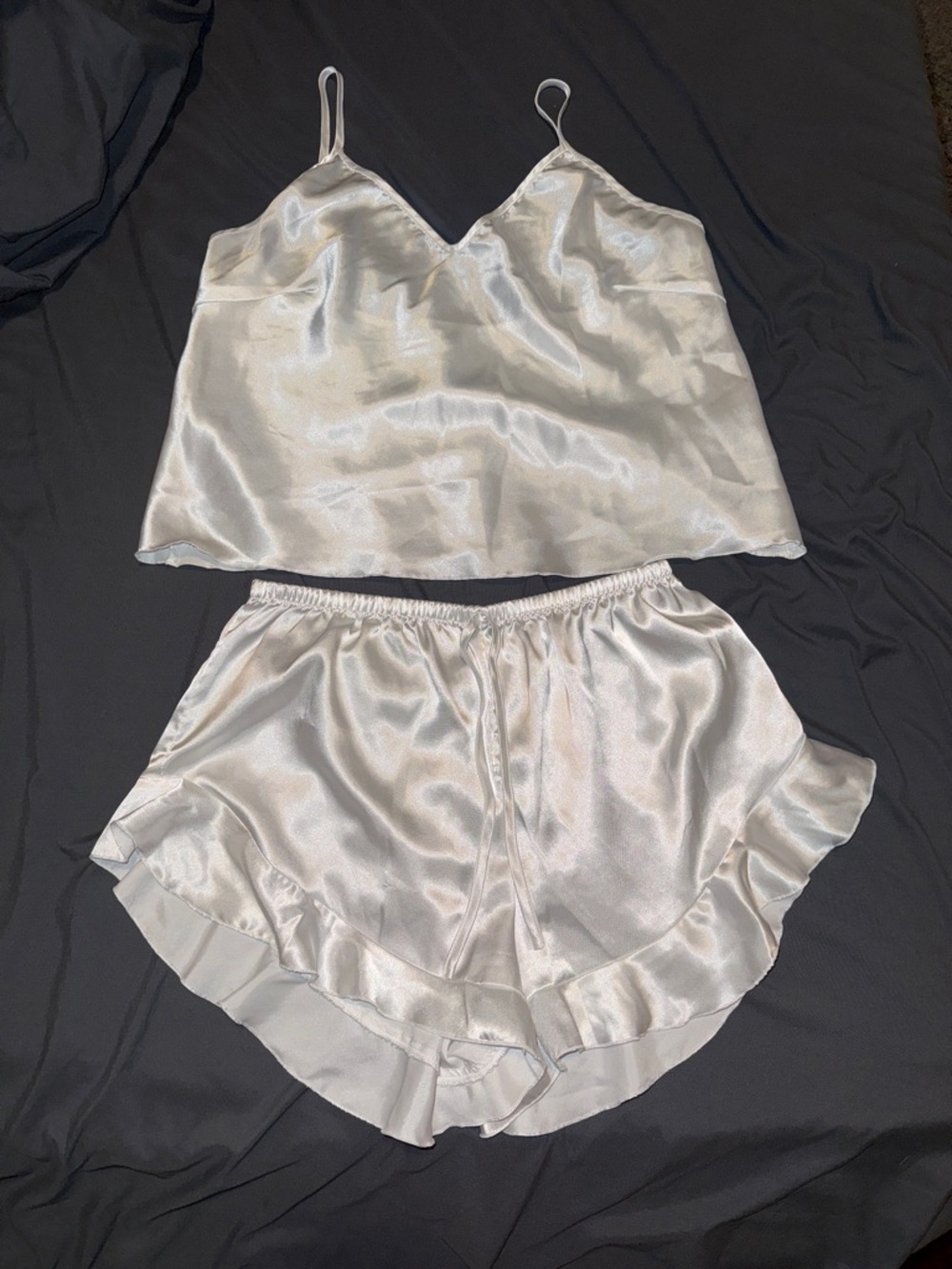 Satin V-Neck Camisole & Ruffle Short Sleep Set - White